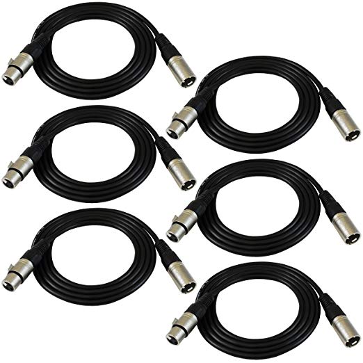 GLS Audio 6ft Patch Cable Cords - XLR Male To XLR Female Black Cables - 6' Balanced Snake Cord - 6 PACK