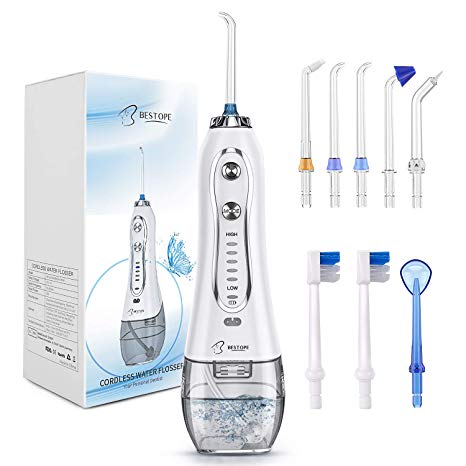 BESTOPE Water Flosser 300ML 5 Modes & 8 Tips - IPX7 Waterproof Cordless Dental Oral Irrigator Portable and Rechargeable Water Flossing for Braces & Bridges Care, Home and Travel