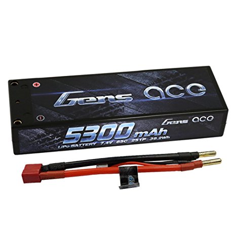 Gens ace 7.4V 5300mAh 2S LiPo Battery Pack 65C HardCase with 4.0mm Bullet to Deans Plug for RC Car, Roar Approved