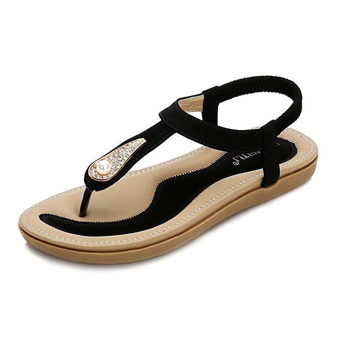Wollanlily Women's Rhinestone Thong Elastic Sandals Summer Beach Bohemia T-Strap Flip Flops Flat Shoes