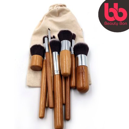 Professional Makeup Brush Set 11-Pc Set with Comfortable Wood Handles Great for Precision Makeup Contouring Includes Free Case By Beauty Bonreg