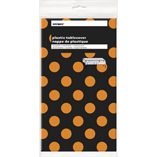Orange & Black Polka Dot Halloween Plastic Tablecloth, 108" x 54"