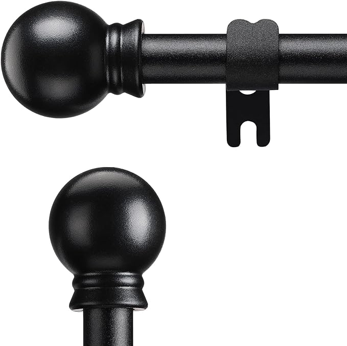 Curtain Rod for Windows 48-62" Adjustable, 5/8 Inch Black Curtain Rods Set with Brackets Round Finial for Bedroom Living Room Kitchen Bathroom