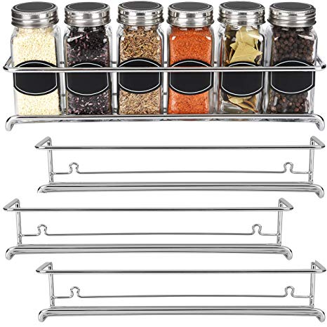 New: Spice Rack Organizer - Cabinet, Door, or Wall Mounted - Set of 4 Chrome Tiered Hanging Shelf for Storage in Cupboard, Kitchen or Pantry. Display bottles on shelves, under cabinets,over counter
