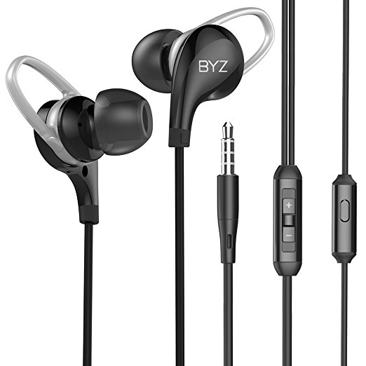 BYZ In ear Headphones wired earphones Noise cancelling Earbuds Bass Stereo Sports Headsets with Microphone & Button Control & Volume control For Running Gym Jogging Exercise (Black)