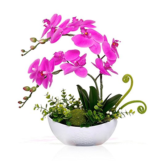 YILIYAJIA Artificial Orchid Bonsai Fake Flowers with Vase Arrangement 9 Head PU Phalaenopsis Bonsai for Home Table Decor(White Vase)