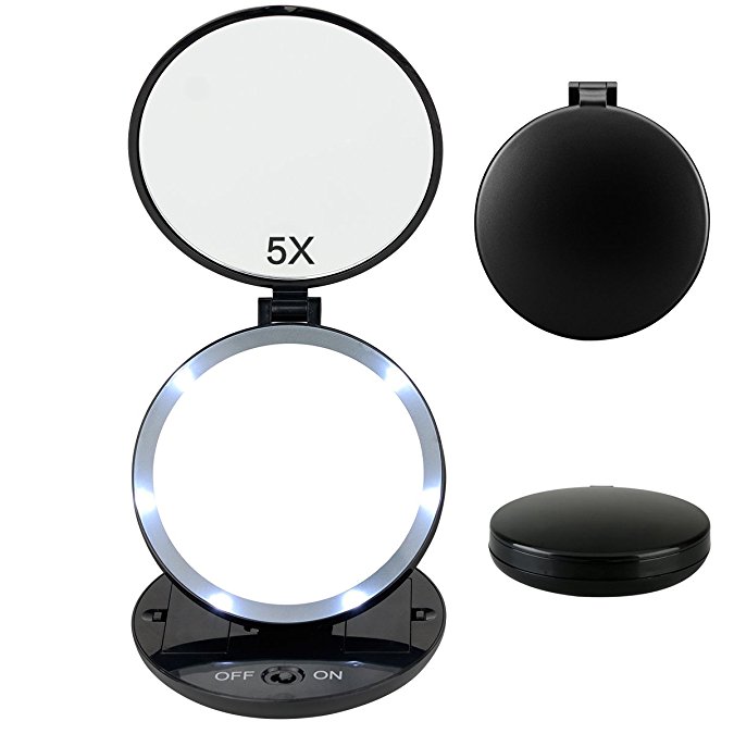 Fypo Travel Makeup Mirror, Round 5X Magnifying LED Lighted in Pocket or Bag, Double Sided Folding Compact Cosmetic Vanity Mirror , Black