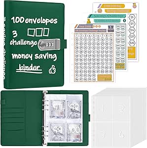 Antner 100 Envelopes Money Saving Challenge Binder with Lock, A5 Savings Binder Challenge Book Budget Planner with Cash Envelopes for Money Saving - Password Lock to Protect Cash Security, Dark Green