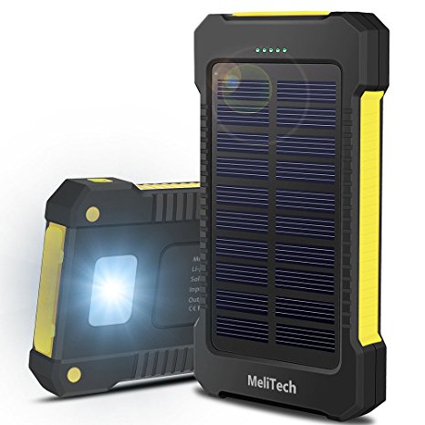 MeliTech Portable Solar Charger Waterproof Mobile Power Bank 20000mAh External Backup Battery Dual USB 5V 1A/2A Output With LED Flashlight and Compass For Phones Tablet Camera iPhone Samsung (Yellow)