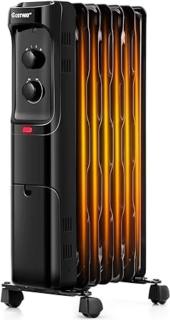 COSTWAY Oil Filled Radiator Heater, 1500W Electric Oil Heater with 3 Heating Mode, Adjustable Thermostat, Tip-Over & Overheat Protection, Portable Space Heater for Indoor Use Home Office, Black