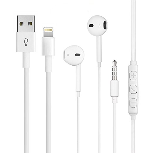 Fleeken Premium Earphones with Built-in Mic and Volume Control with Certified 6 Feet / 2 Meters 8 Pin Lightning to USB Cable