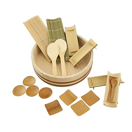 BambooImportsMN 12" Sushi Oke Tub (Hangiri) with 19pc Sushi Making Accessory Pack