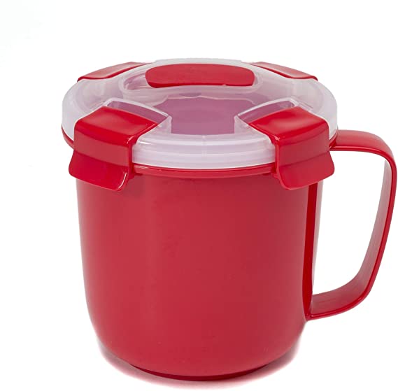 Ecolution Microwave Soup Mug with Quadruple Snap Lock Lid, Vented Silicone Cover, Easy to Open, Leak Proof, Dishwasher Safe, Oatmeal Cereal Noodle Cup, 3, Red