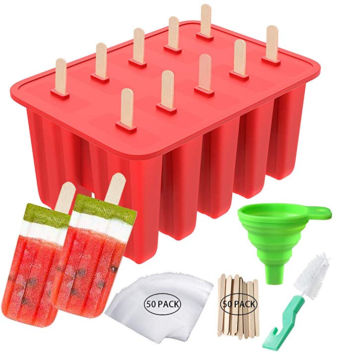 Popsicle Molds, Ouddy 10-Cavity Silicone Homemade Ice Pop Molds with 50 Popsicle Sticks, 50 Popsicle Bags, Silicone Funnel & Cleaning Brush (10 Cavities)