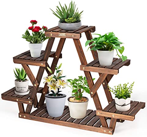 COSTWAY Wooden Flower Rack, 4-Tiers Plants Storage Display Shelf for 6 Pots, Outdoor Indoor Garden Patio Balcony Plant Stand Holder