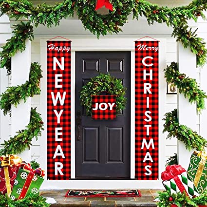WHDZ Christmas Porch Sign Decorations, Merry Christmas Happy New Year Red Buffalo Check Plaid Porch Banners Signs, Xmas Banners for Home Room Kitchen Wall Indoor Outdoor Party Hanging Décor