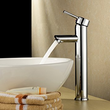 B&Y® Single Handle Contemporary Bathroom Lavatory Vanity Vessel Sink Faucet Tall Spout Deck Mount Mixer Taps Unique Designer Plumbing Fixtures Single Hole，Chrome Finish