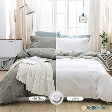 MILDLY 100% Washed Cotton Soft Duvet Cover Set Queen, Reversible White and Light Gray Solid Color Ruffle Seersucker Casual Design Includes 2 Pillow Cases and 1 Duvet Cover with Zipper & Corner Ties