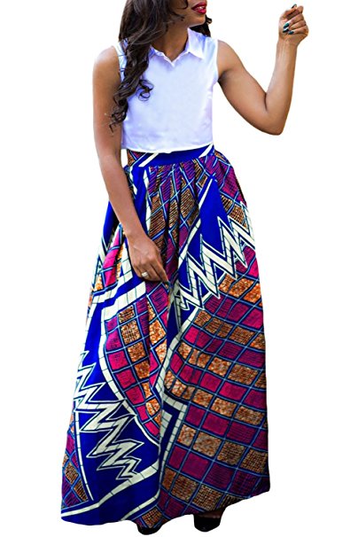 Asvivid Women's African Floral Print Maxi Skirts A Line Long Skirts With Pocket(S-2XL)