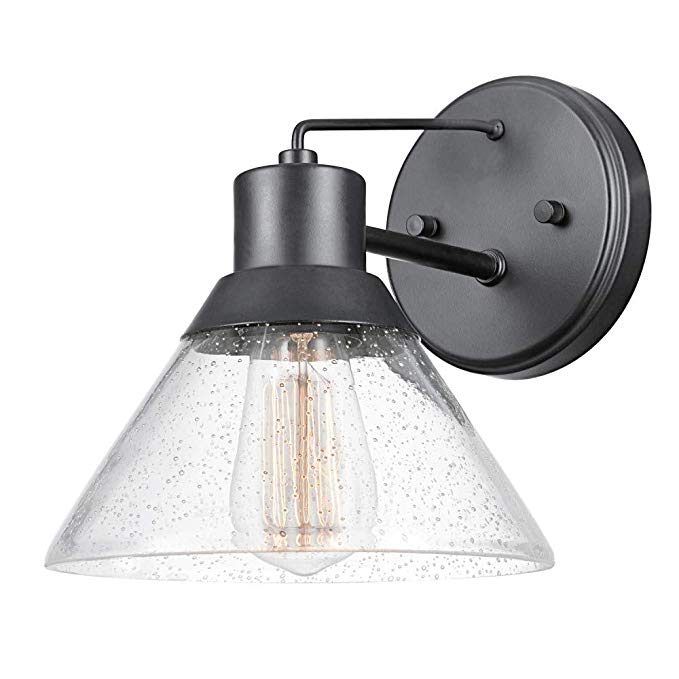 Globe Electric Bolton 1-Light Outdoor Indoor Wall Sconce, Matte Black, Seeded Glass Shade 44264