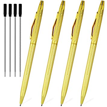 Gold Pens With Black Ink Ballpoint Pens Retractable Pen In Bulk Stainless Steel Metal Pens Ball Point Medium 1.0mm Business Office Grip Nice Pen For Women Girls Men, 4 Pack With 4 Extra Refills