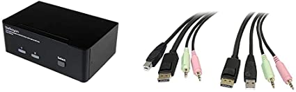 StarTech.com Dual Monitor DisplayPort KVM Switch - 2 Port - USB 2.0 Hub - Audio and Microphone - DP KVM Switch (SV231DPDDUA) & 6ft 4-in-1 USB DisplayPort KVM Switch Cable w/Audio & Microphone