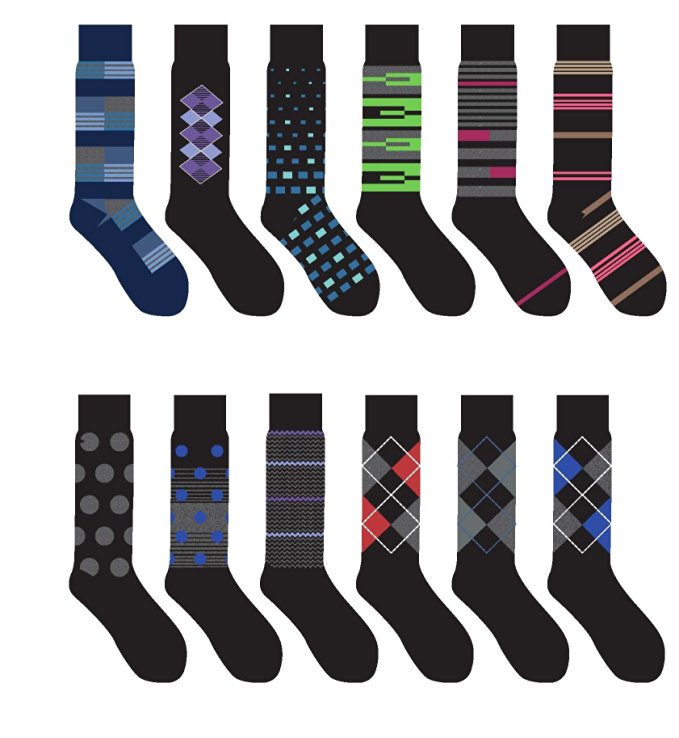 12 Pairs Men's Polka dot Argyle Stripes Fancy Design Dress Socks, sock size 10-13
