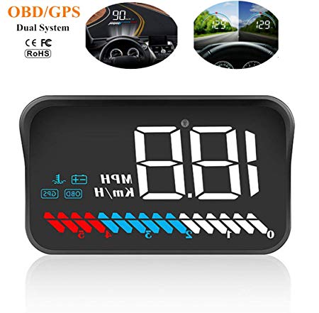 Car Universal Dual System HUD Head Up Display OBD II/GPS Interface,Vehicle Speed MPH KM/h,Engine RPM,OverSpeed Warning,Mileage Measurement,Water Temperature,Voltage