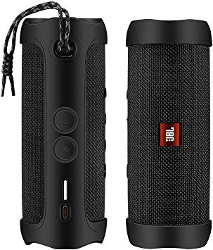 Esimen Premium Silicone Case for JBL Flip 5 Bluetooth Speaker Travel Carry Pouch Sleeve Durable Silicone Extra Carabiner (Black)
