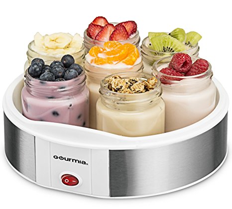 Gourmia GYM1610 Yogurt Maker With 7 Glass Jars Customize To Your Flavor And Thickness, Free Recipe Book Included