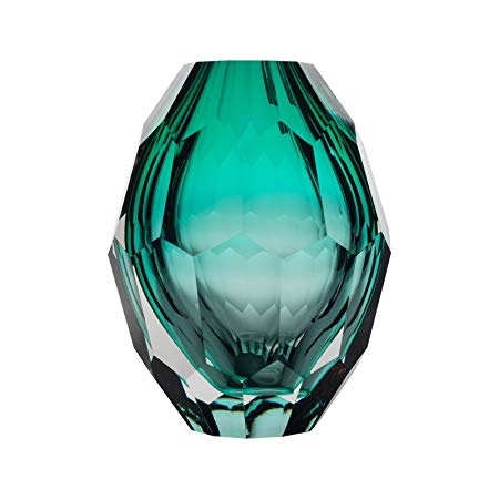 CASAMOTION Home Decor Accent Vase Diamond Shape Solid Color Hand Blown Art Glass Vase, Turquoise