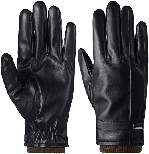 Mens Winter Leather Gloves Snap Closure Touch Screen Driving Gloves Warm Gloves with Fleece Lining