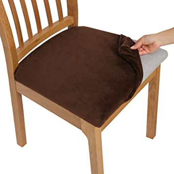 Soft Velvet Dining Chair Seat Covers, Stretchable Dining Room Upholstered Chair Seat Cushion Cover, Removable Washable Anti-Dust Kitchen Chair Protector Slipcovers - Set of 6, Coffee