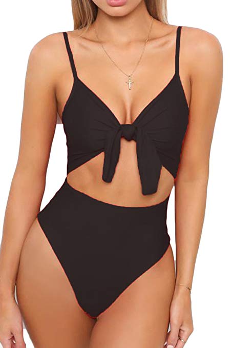 LEISUP Womens Spaghetti Strap Tie Knot Front Cutout High Cut One Piece Swimsuit