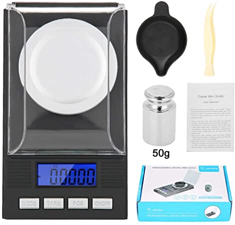 Digital Milligram Jewelry Scale, LED Digital Display Mini Portable High Precision 0.001g Pocket Jewelry Scale with Calibration Weights Tweezers and Weighing Pans (50g)