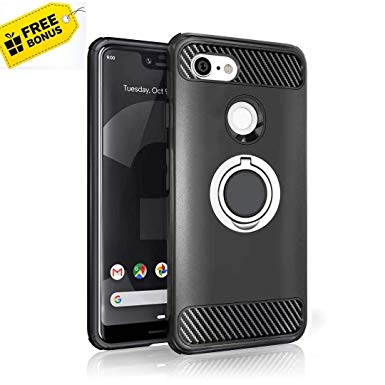 Google Pixel 3 XL Case-New 2019 Upgraded Version with Metal Stand Ring - Free Bonus Include-Pixel 3 XL Heavy Duty Protective Phone Case - Rugged TPU Cover - Google Pixel (Red) (Black)