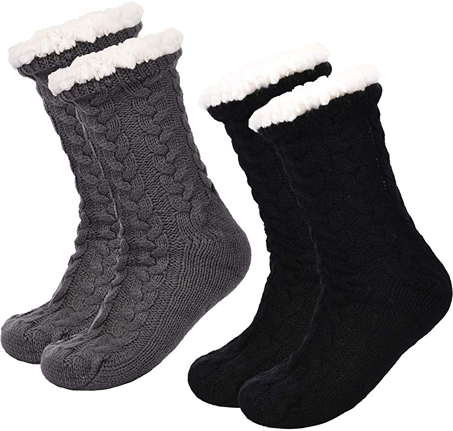 Boao 2 Pairs Women's Warm Slipper Socks Christmas Fuzzy Socks Fleece-lined Non Slip Slipper Socks