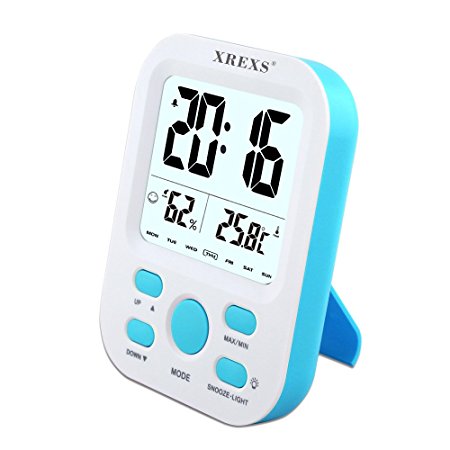 Desk Digital Alarm Clock,XREXS Portable Nightlight Clock with Humidity / Temperature (C / F) Display,Calendar Month Date / Time / Alarm model,Battery Operated Travel Clock (Blue)