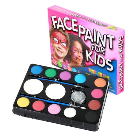 Face Paint Kit for Kids. *Best Quality Party Set* Non-Toxic 12 Color Professional Palette with Glitter, Brushes and Sponges. Great for Birthday Parties, Boys and Girls Face or Body Painting Kits