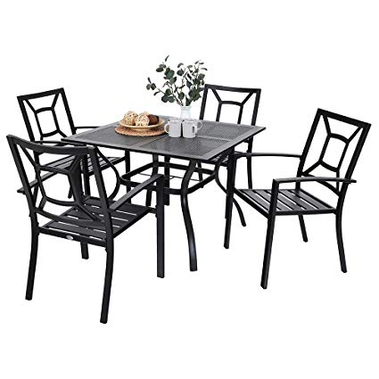 MF Studio 5 Piece Metal Patio Armrest Dining Chairs and Larger Square Table Set, 37" Square Bistro Table and 4 Backyard Garden Chairs - Umbrella Hole 1.57"