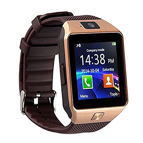 Sazooy DZ09 Bluetooth Smart Watch Touch Screen Smart Wrist Watch Phone Support SIM TF Card With Camera Pedometer Activity Tracker for Iphone IOS Samsung Android Smartphones (Gold)