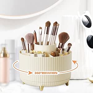 CenYouful Makeup Brush Holder Organizer,5 Slot 360° Rotating Make up Brushes Cup, Makeup Organizer Countertop for Cosmetics, Nail Polish, Art Supply, Bathroom Vanity Desktop Organizer, Beige