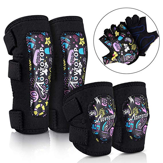 MOVTOTOP Kids Knee and Elbow Pads with Bike Gloves Toddler Protective Gear Set for Skateboard, Roller-Skating, Protective Gear Set for Girls Boys Children