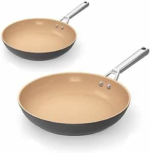 Ninja Extended Life 2-Piece Ceramic Frying Pan Set, (24cm & 28cm Saucepans with Lids), Non-Stick (No PFAs, PFOAs, Lead or Cadmium), Induction Compatible, Oven Safe to 285°C, Terracotta & Grey