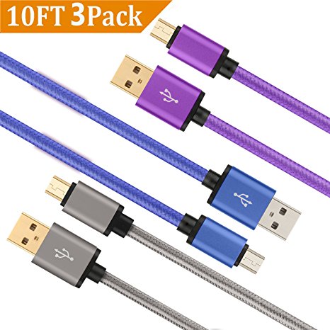 Micro USB Charger 10ft, BEST4ONE 3-Pack Gold Plated Nylon Braided Android Fast Charging Cable for Samsung Galaxy S7 S6 Edge, Note 5/4, Moto G, HTC M7 M8 M9, Kindle Tablet, More