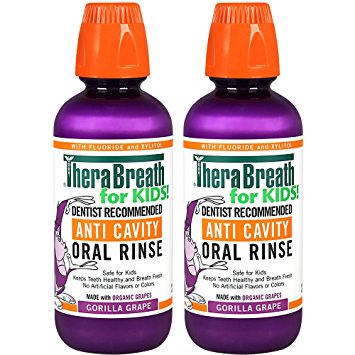 TheraBreath for Kids Dentist Recommended Anti Cavity Fluoride   Xylitol Oral Rinse - Organic Gorilla Grape Flavor, 16 Ounce (Pack of 2)