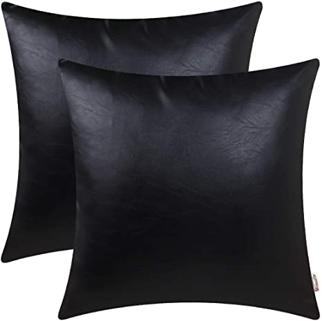 BRAWARM Pack of 2 Cozy Throw Pillow Covers Cases for Couch Sofa Home Decoration Solid Dyed Soft Faux Leather Both Sides 22 X 22 Inches Black