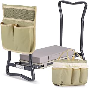 Ohuhu Upgraded Garden Kneeler and Seat 2-in-1 Foldable Gardening Stool with Detachable Soft Kneeling Pad, Garden Bench Heavy Duty with Large Tools Bag and Pouch, Gifts for Women Men Seniors Gardener