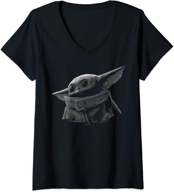 Womens Star Wars The Mandalorian The Child Black & Grey Portrait V-Neck T-Shirt