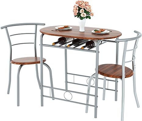 VECELO 3 Piece Small Round Dining Table Set for Kitchen Breakfast Nook, Wood Grain Tabletop with Wine Storage Rack, Save Space, 31.5", Brown & Sliver